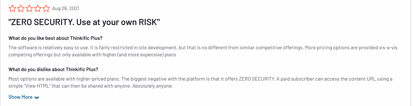 A thinkific review mentioning security issues